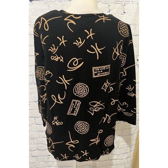 QVC Susan Graver Black Gold Lustra Knit Asian Print 3/4 Sleeve V-neck Tunic Sz L - Picture 4 of 6